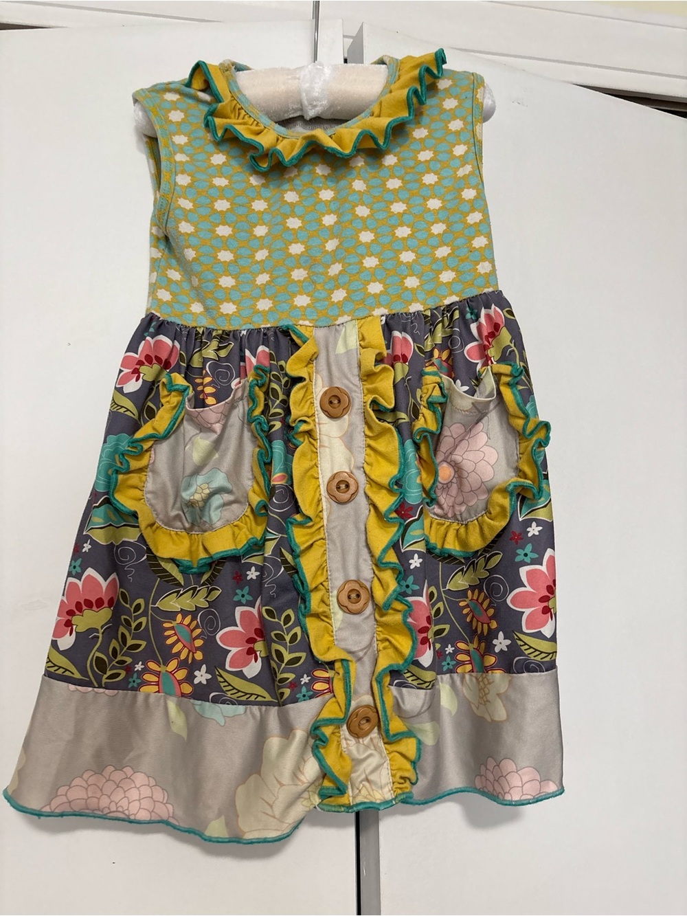 Ruffles by tutu and lulu 2T 3T Button Dress in Yellow, Teal & Gray floral bg8